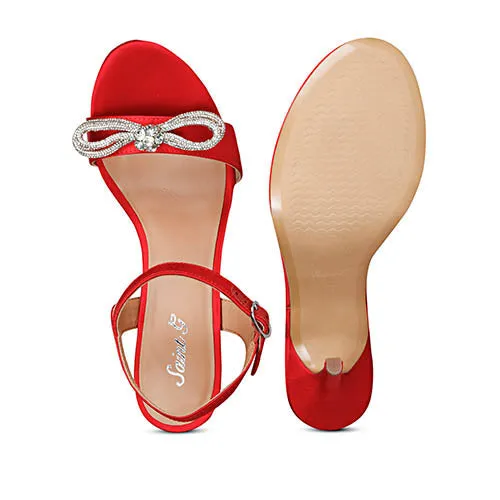 Saint Hayden Crystal Bow Red Satin-Leather Stilettos