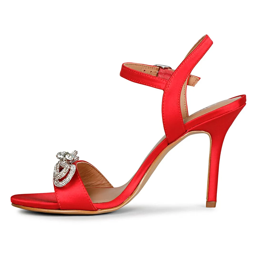 Saint Hayden Crystal Bow Red Satin-Leather Stilettos