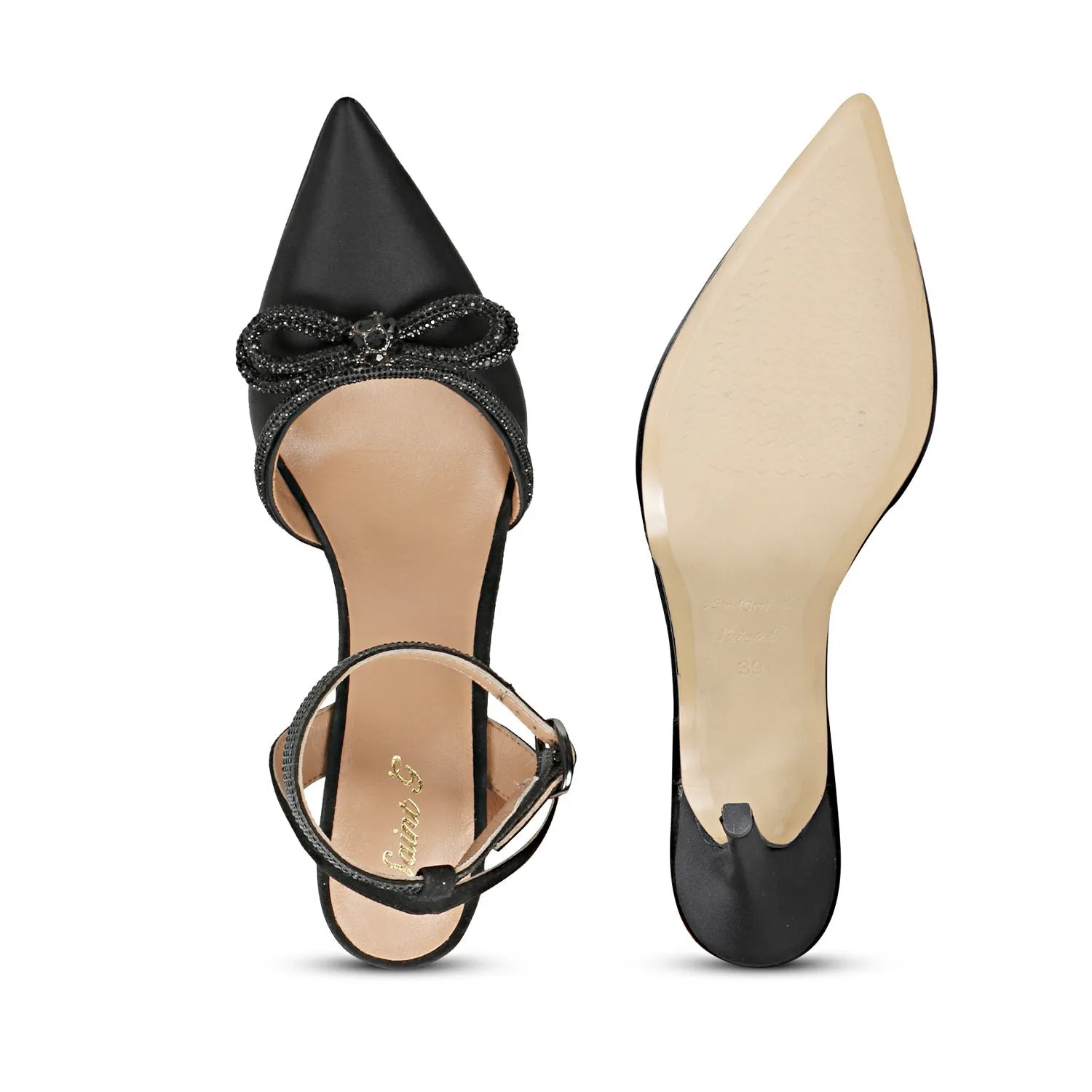 Saint Kylie Crystal Bow Black Leather Pumps