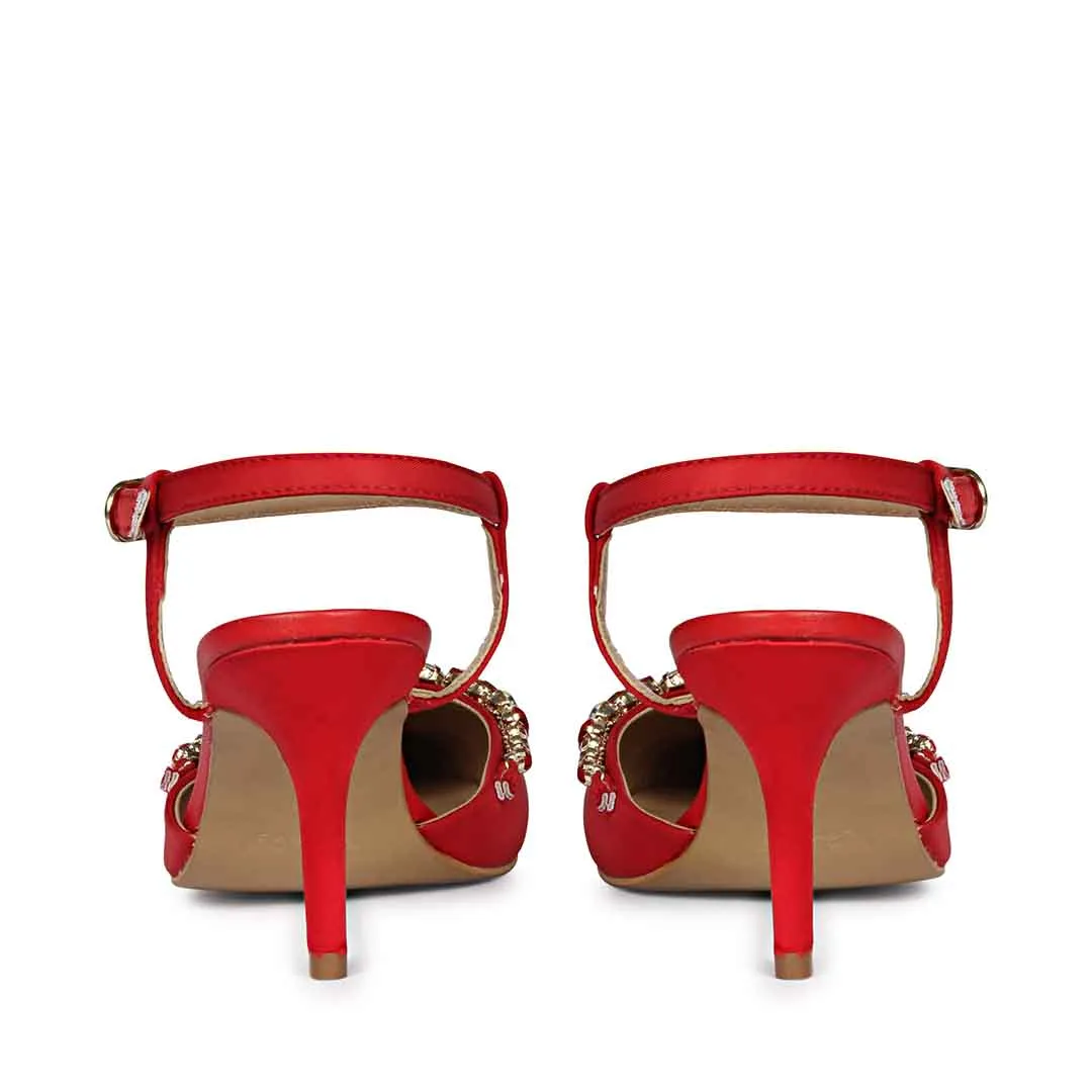 Saint Leila Multi Stone Embellished Red Nylon Fabric Pumps