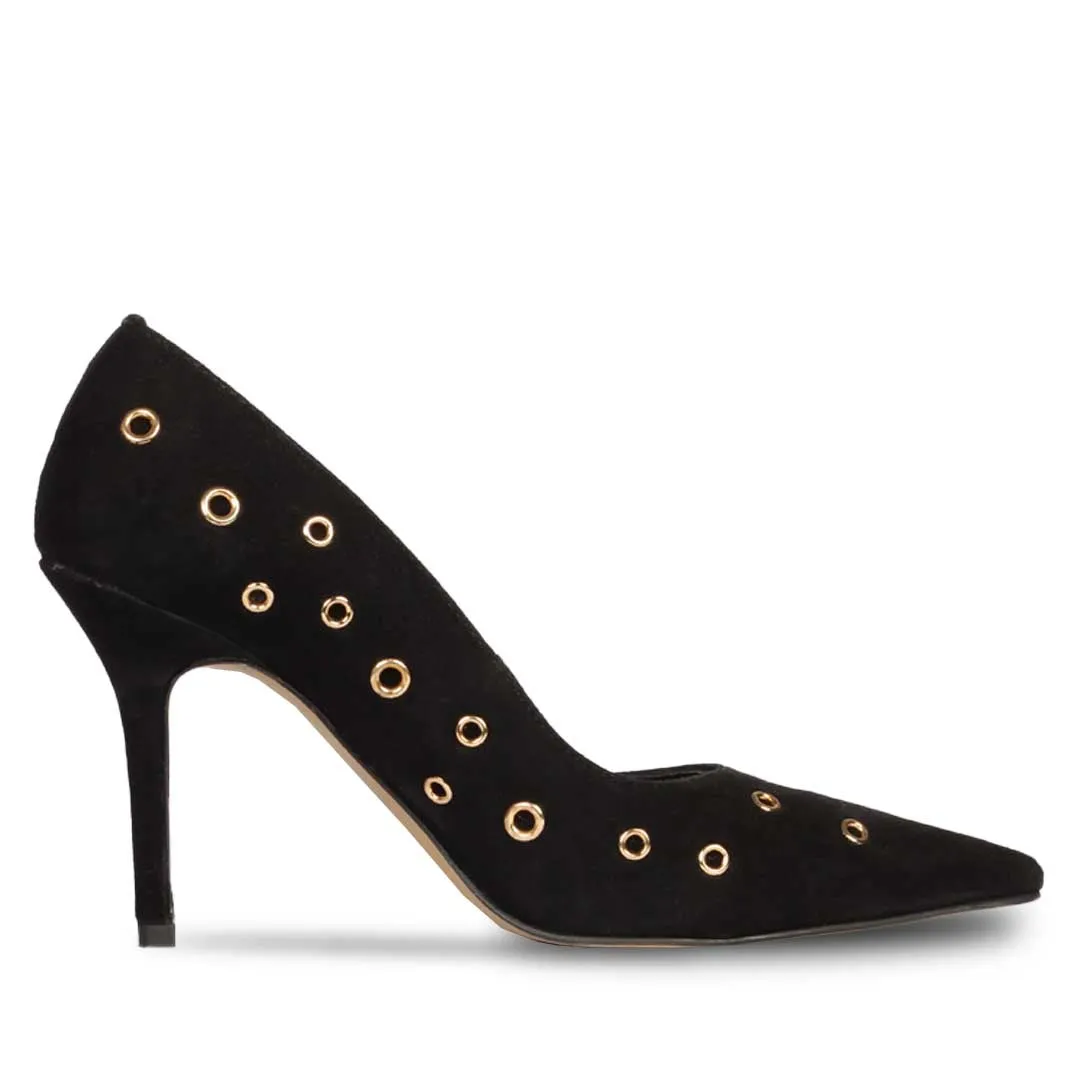 Saint Remi Eyelet Embellished Black Suede Leather Pumps