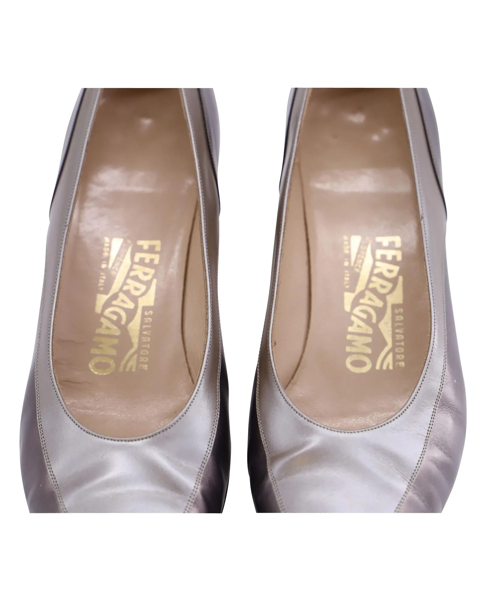 Salvatore Ferragamo Metallic Court Heels in Silver Leather