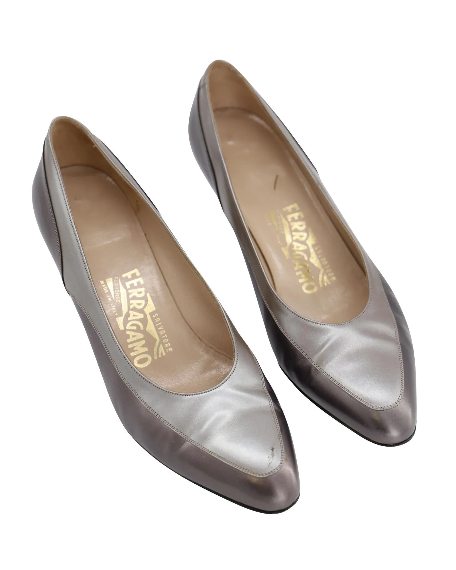 Salvatore Ferragamo Metallic Court Heels in Silver Leather