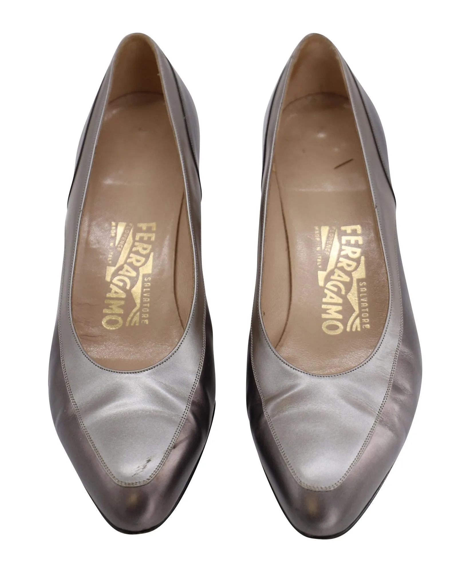 Salvatore Ferragamo Metallic Court Heels in Silver Leather