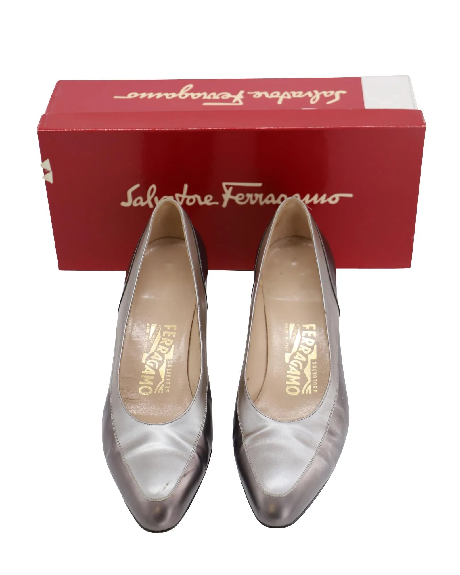 Salvatore Ferragamo Metallic Court Heels in Silver Leather