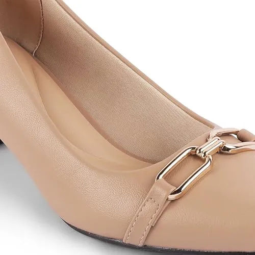 tresmode JOVIN Women's Block Heels Pumps Leather Stylish Khaki, 6 UK / 39 EU - Square Toe Ladies Footwear Soft Comfortable Sandals