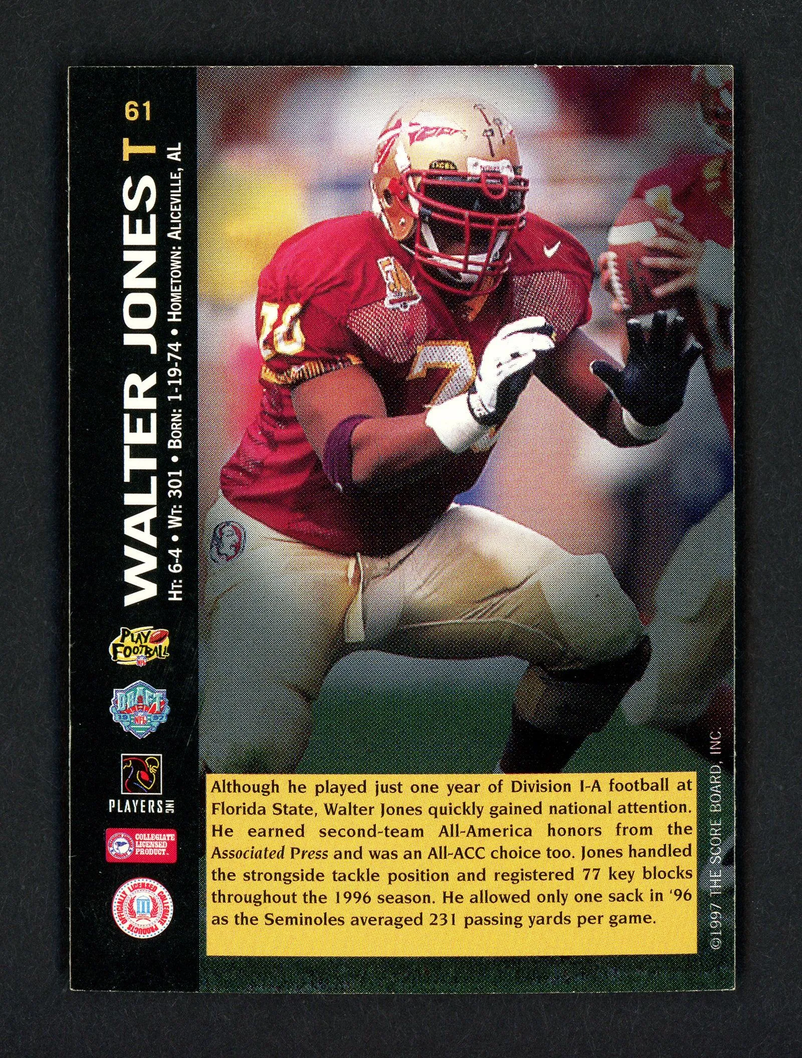 Walter Jones Autographed 1997 Score Board Rookie Card #61 Seattle Seahawks SKU #158413