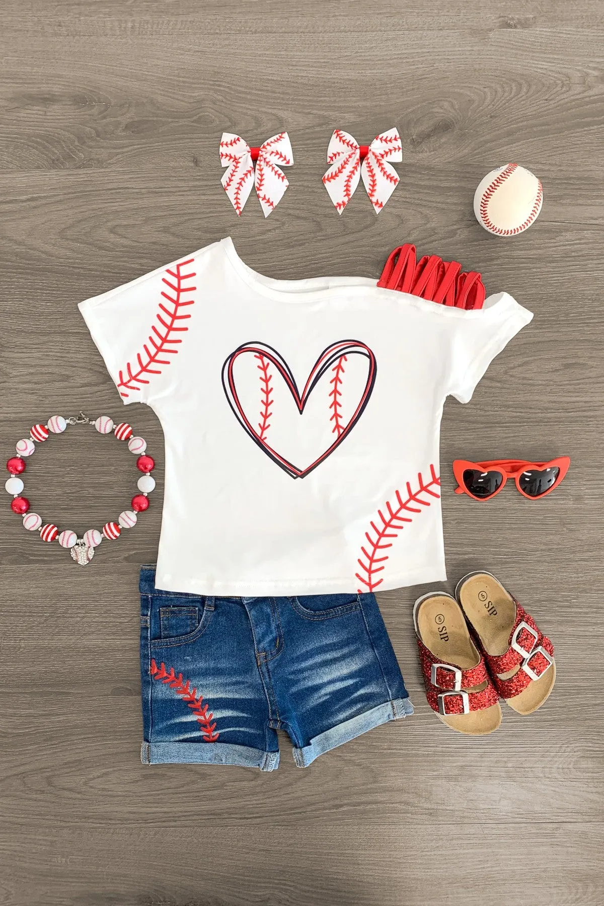 White Baseball Heart Denim Short Set