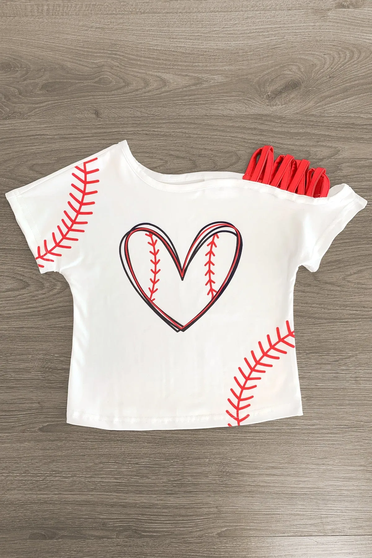 White Baseball Heart Denim Short Set