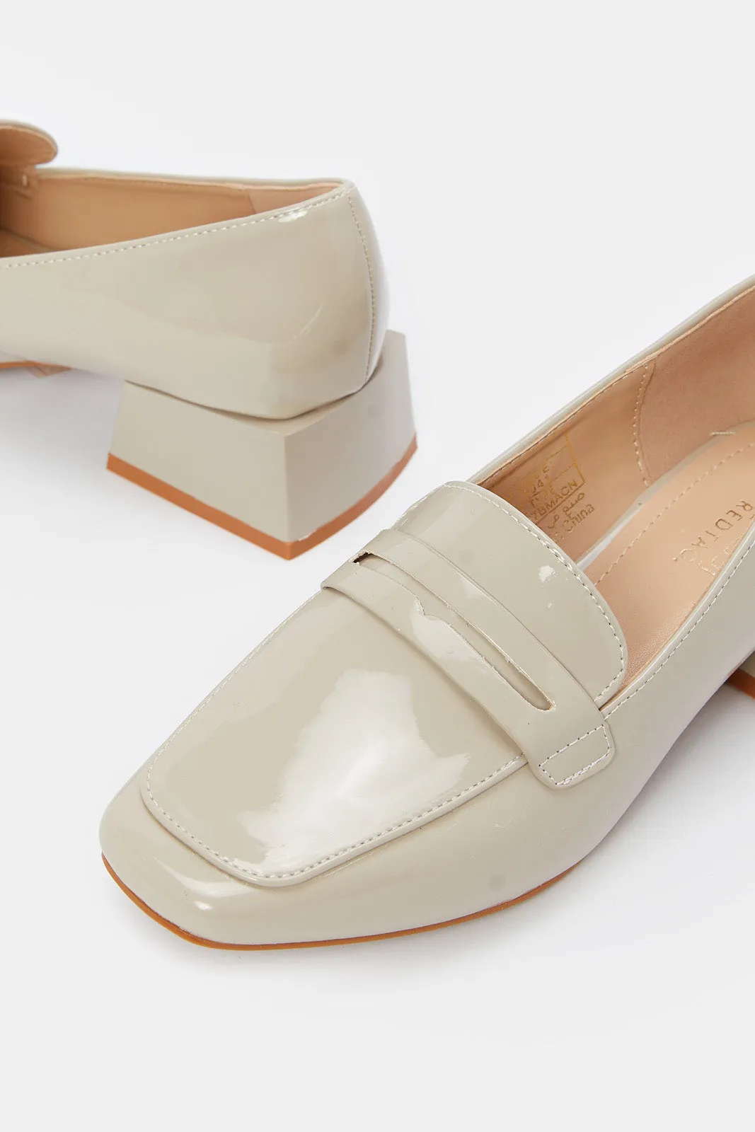 Women Beige Patent Heeled Loafer