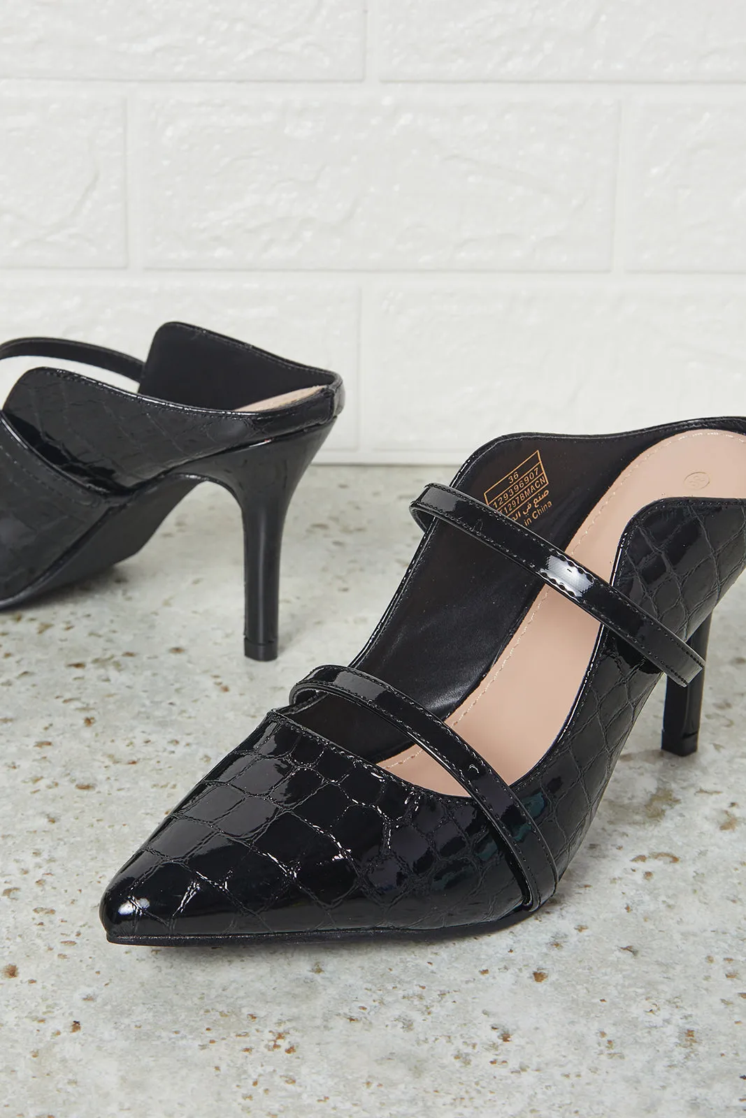 Women Black Croc Embossed Mule