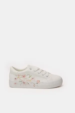 Women White Lace Up With Floral Print